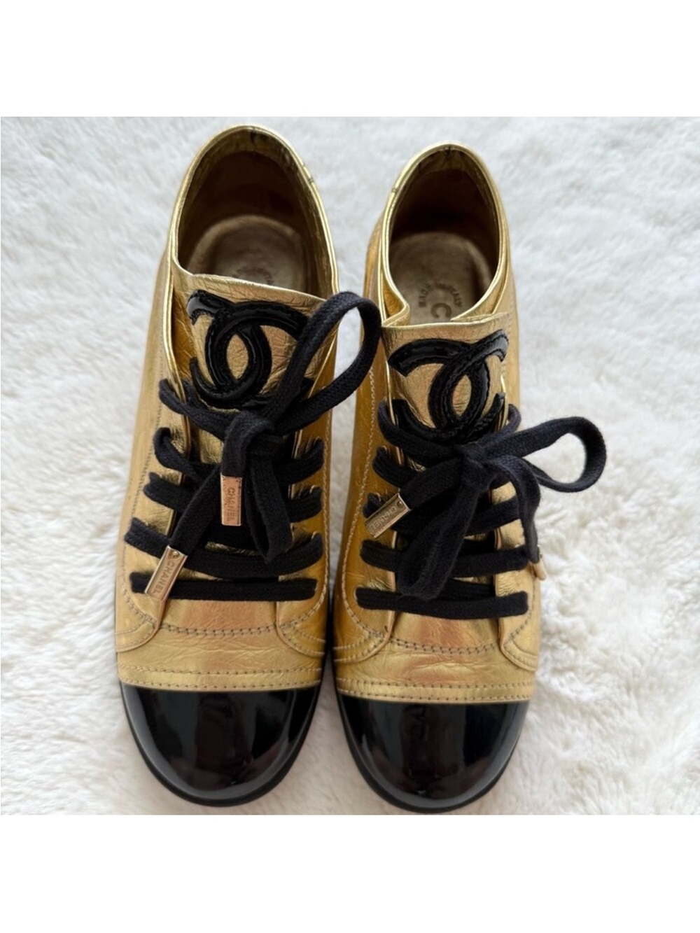 CHANEL Gold & Black Leather Lace-Up Sneakers authentic size 38 1/2